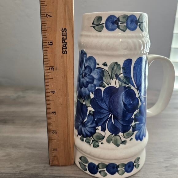 Vintage Hand Made Poland Mug Stein Hand Painted Blue White Floral Cottage Polish - Picture 10 of 12